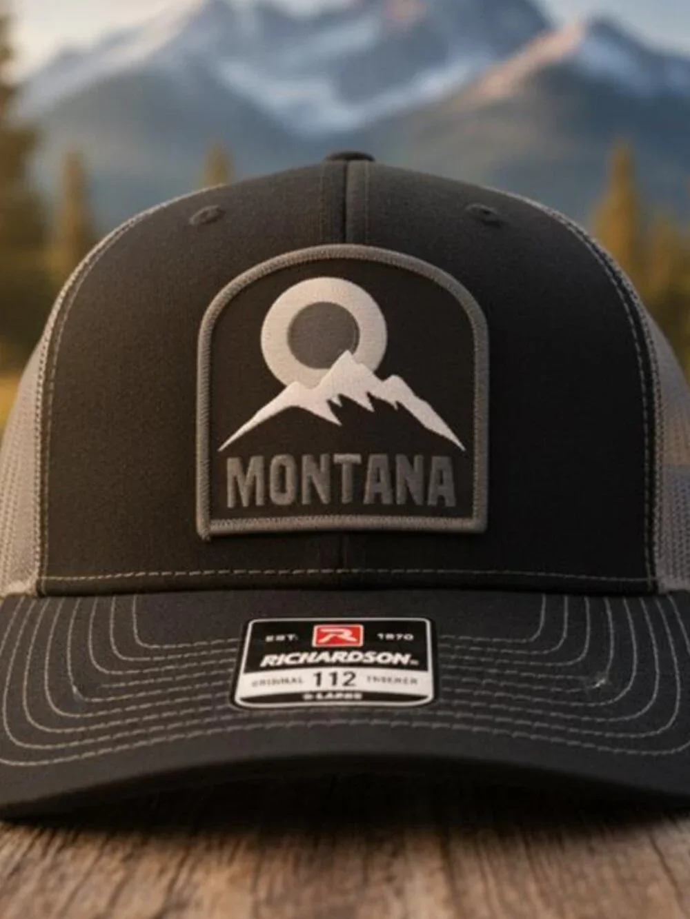 Retro Montana Mountain Patch Charcoal Richardson 112 Outdoor Trucker Hat Hiking